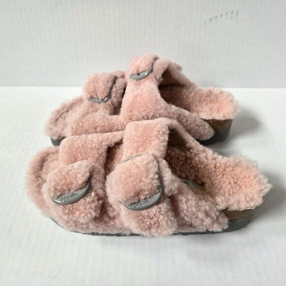 Birkenstock Papillio Sandals Womens 38 7 Pink Arizona Big Buckle Teddy Shearling - Picture 1 of 9